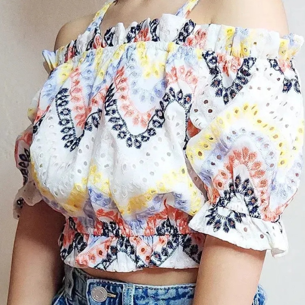 Kids Floral ruffle cold shoulder multicolor top.